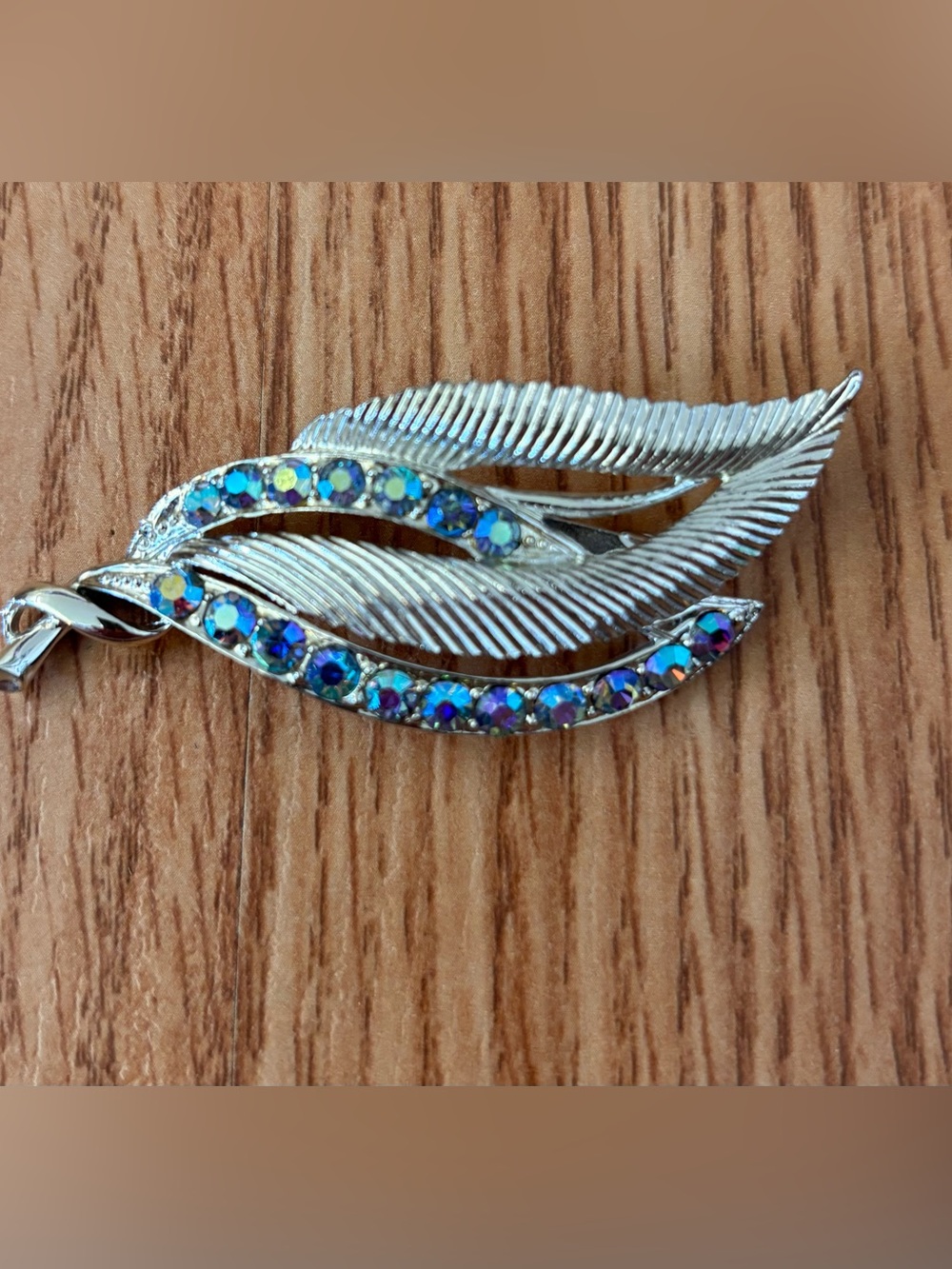 Vintage Silver-Tone Feather Brooch with Aurora Borealis Rhinestones